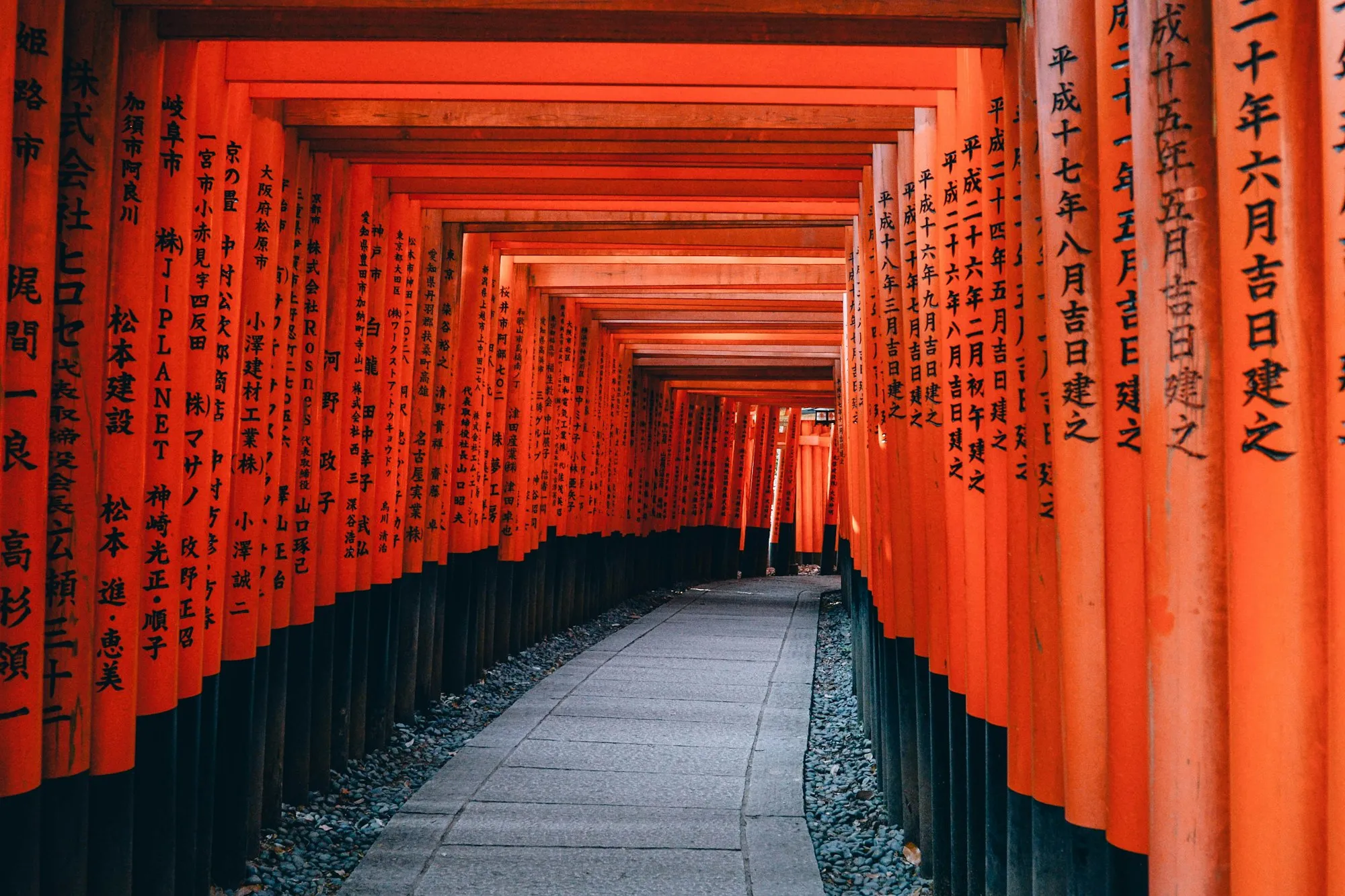 A path through rows of orange torii gates
